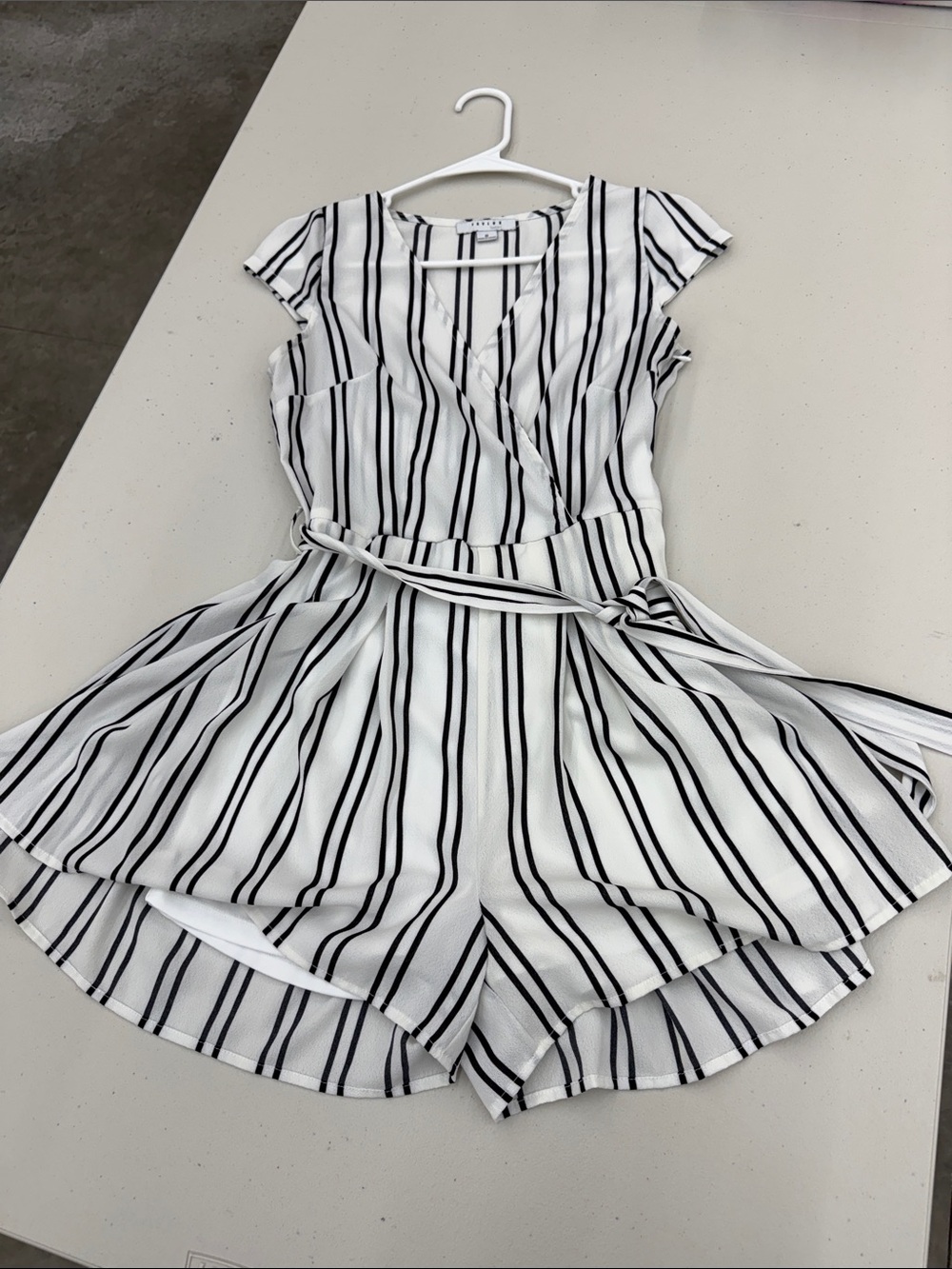 Girls' White & Black Stripe Wrap Romper Dress with Belt w/shorts - Picture 4 of 5